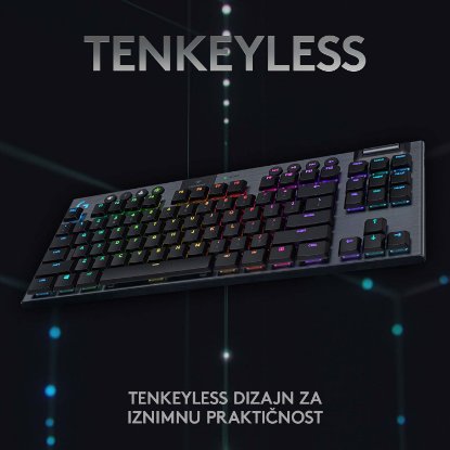 Tipkovnica LOGITECH Gaming G915 TKL Tenkeyless Lightspeed Linear, RGB, mehanička, bežična, UK Layout, USB, crna