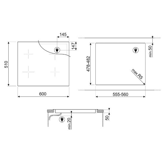 Ugradbena ploča SMEG SIM3644D, indukcijska, 60 cm, 4 zone, staklokeramika, crna