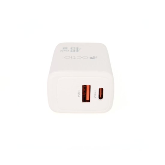 Kućni punjač OCTIO Volta AC45W Dual GaN, USB-A + USB-C, PD 45W, bijeli